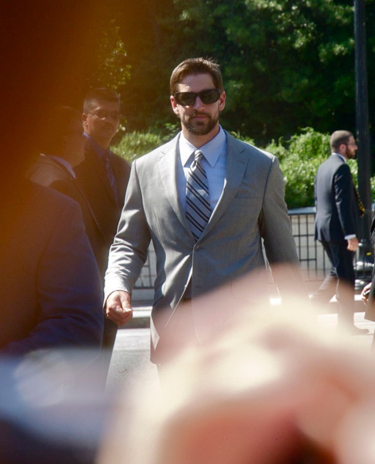 Aaron Rodgers before boarding the team bus after the White House visit. 
